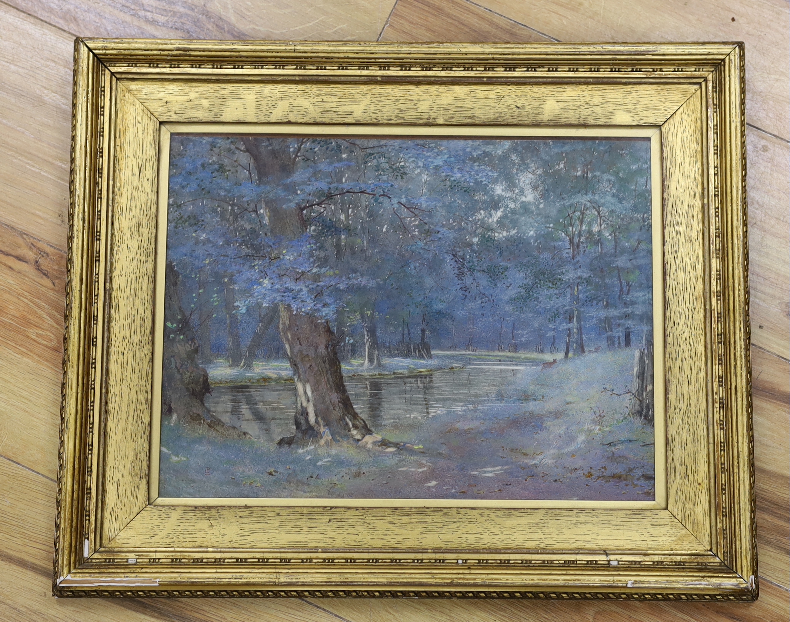 Lexden L. Pocock (1850-1919), watercolour, Dusk lit stream, monogrammed, details verso, 27 x 36cm